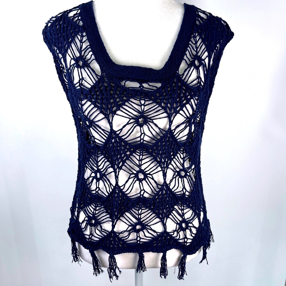 Mudd Vtg Navy Blue Open Knit Crochet Tassel Fringe Tank Top Size Large Boho‎